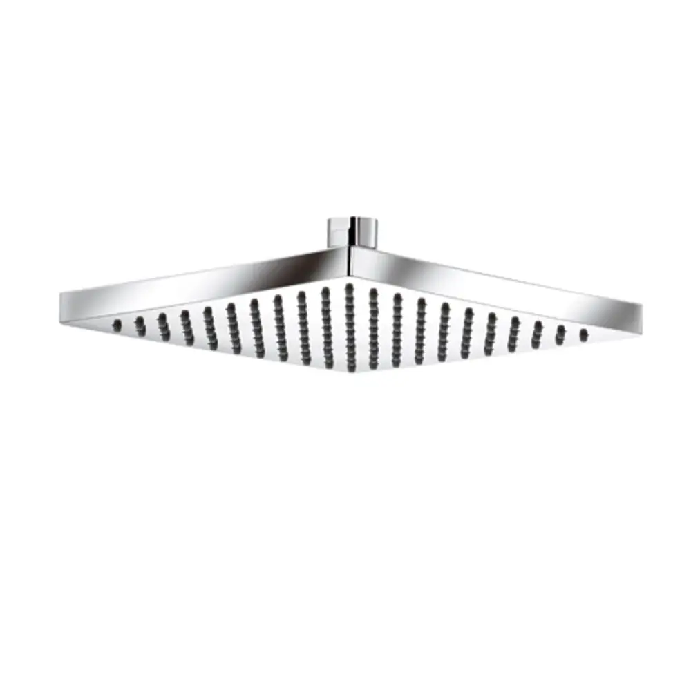 Kludi Duschkopf in quadratischer Form mit mehreren Düsen, montiert an einem zentralen Anschluss. Oberfläche aus glänzendem Metall.